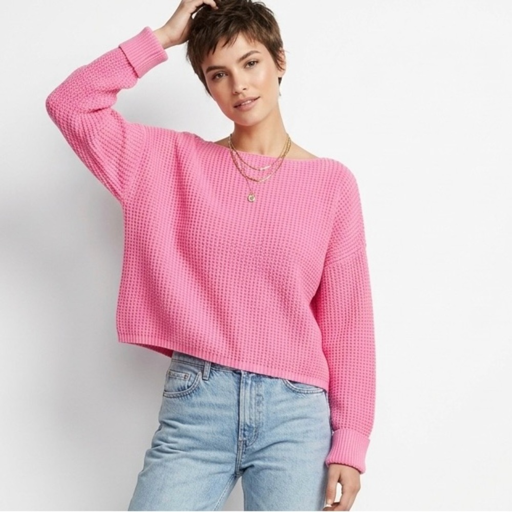 French Connection Millie Mozart Waffle Knit Sweater Aurora Pink Boat Neck S